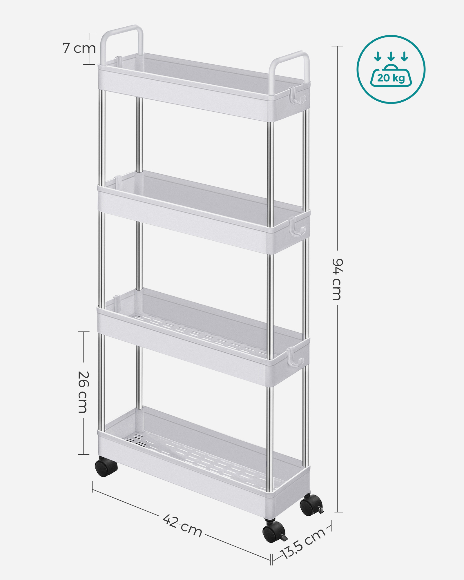 SONGMICS Narrow Gap Bathroom Trolley with Handles 4-Tier Kitchen Slim Storage Trolley Storage Rack With Wheel