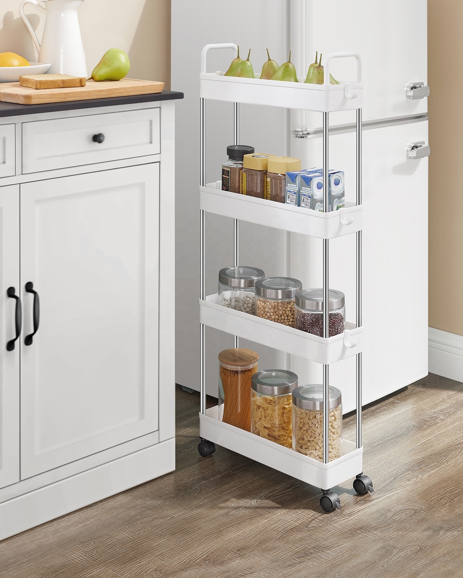 SONGMICS Narrow Gap Bathroom Trolley with Handles 4-Tier Kitchen Slim Storage Trolley Storage Rack With Wheel