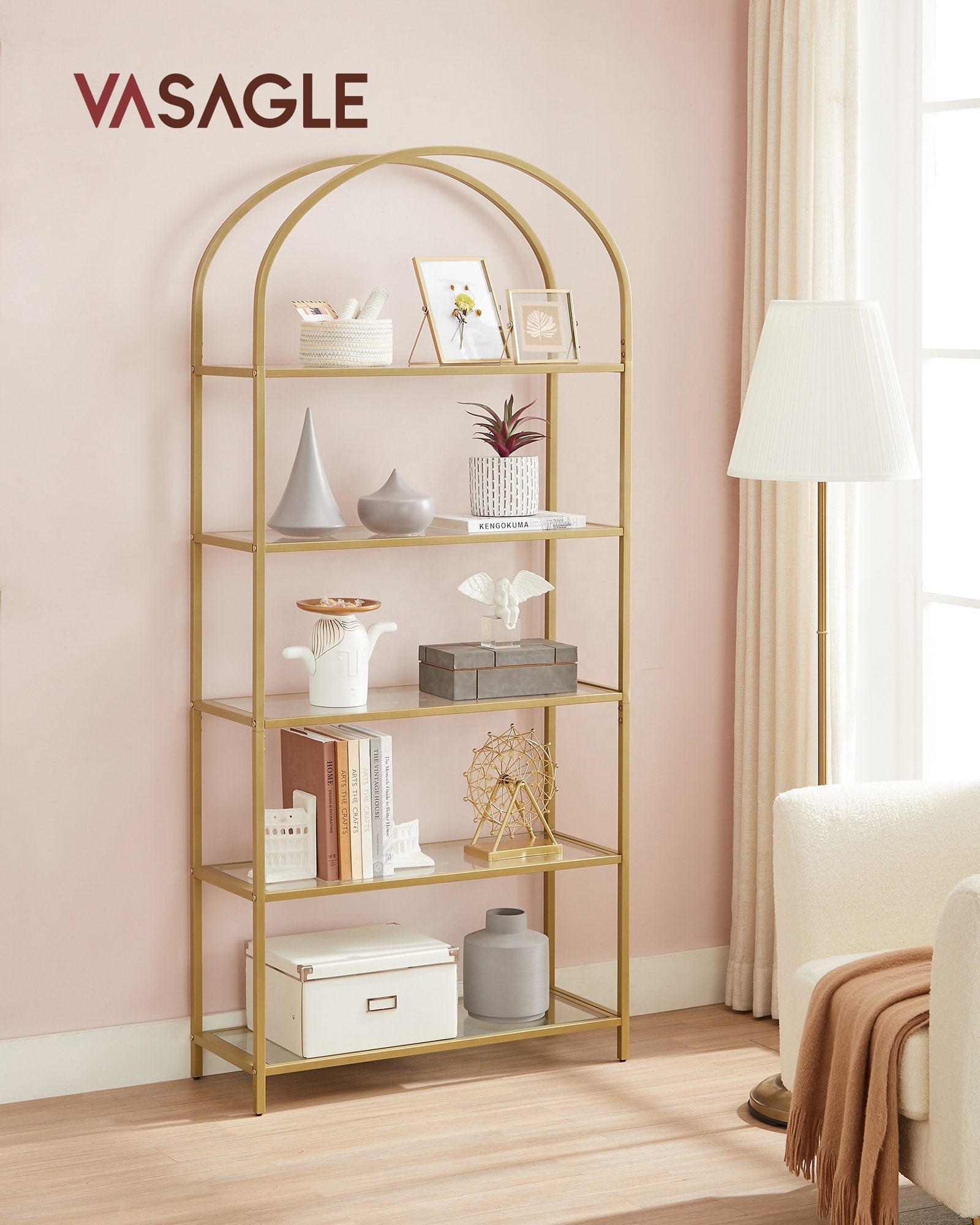 VASAGLE 5-Tier Tall Home storage shelf Gold color Tempered Glass Shelving Unit for Living Room Bedroom Study Bathroom