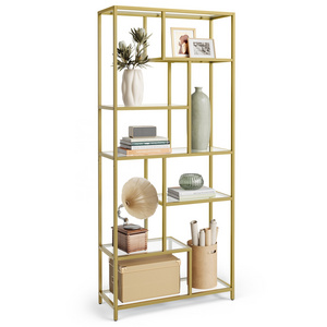 VASAGLE 6-Tier Tall Home office storage Bookcase Gold color glass storage shelf Plant Stand Display Shelf