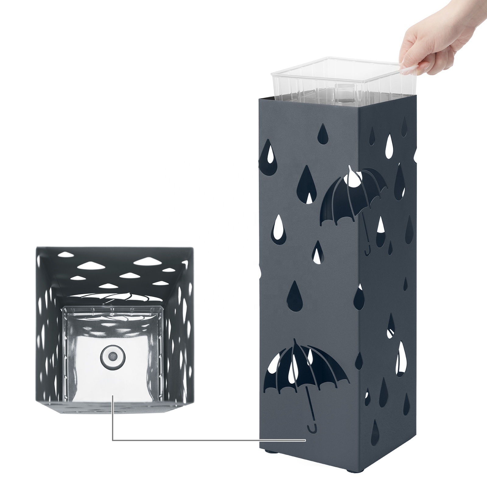 SONGMICS  Umbrella Storage Rac Metal Umbrella Stand Square Umbrella Holder with Drip Tray and 4 Hooks