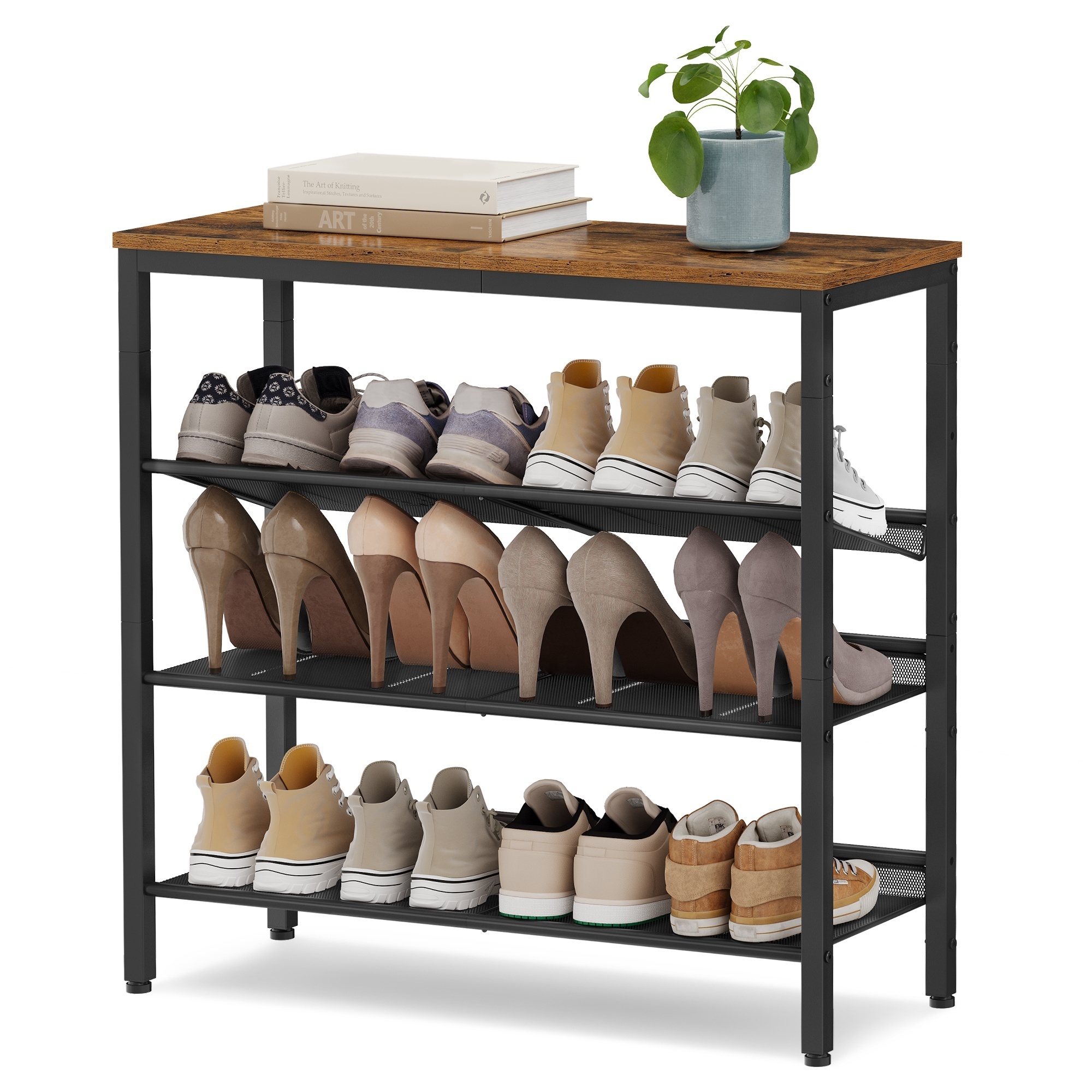 VASAGLE 12-15 Pairs Shoe Organizer with Sturdy Wooden Top Free Standing Shoe Rack for Entryway 4 Tier Storage Shelves