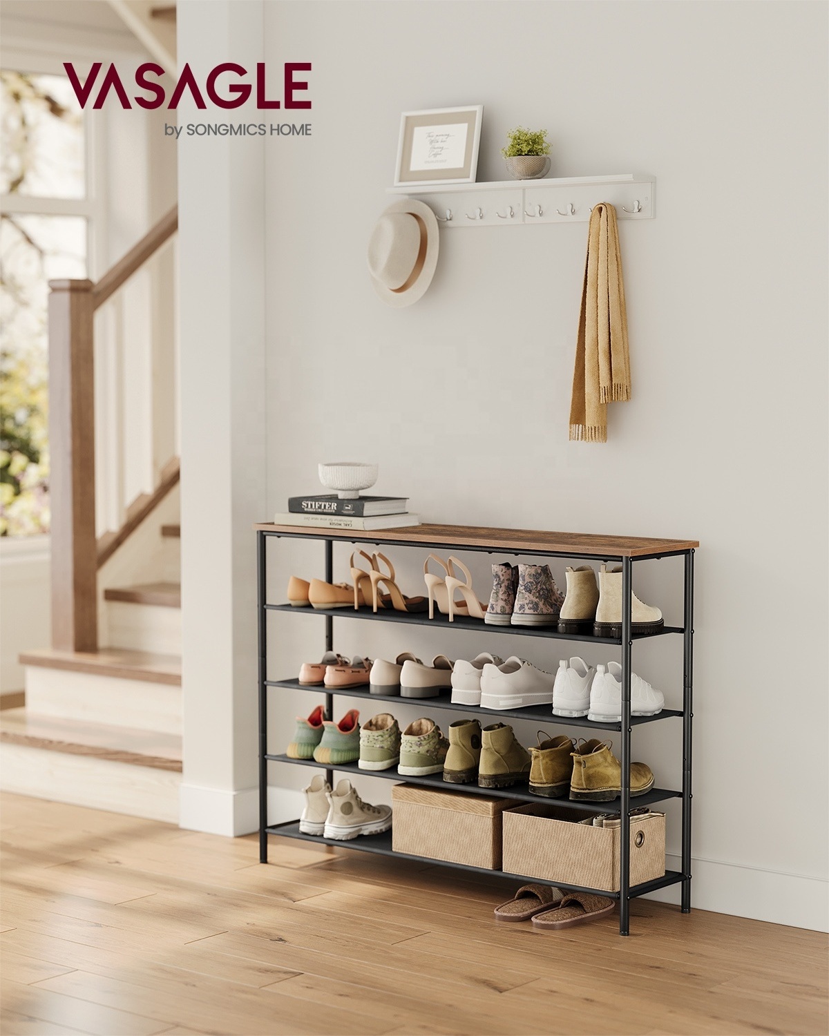 VASAGLE Industrial 5 Tier Shoe Storage Rack for 20-24 Pairs of Shoes Shoe Organizer for Entryway with 4 Fabric Shelves