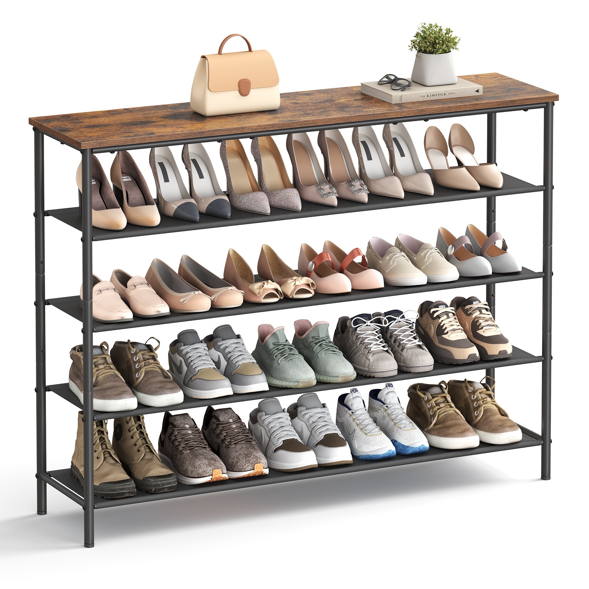 VASAGLE Industrial 5 Tier Shoe Storage Rack for 20-24 Pairs of Shoes Shoe Organizer for Entryway with 4 Fabric Shelves