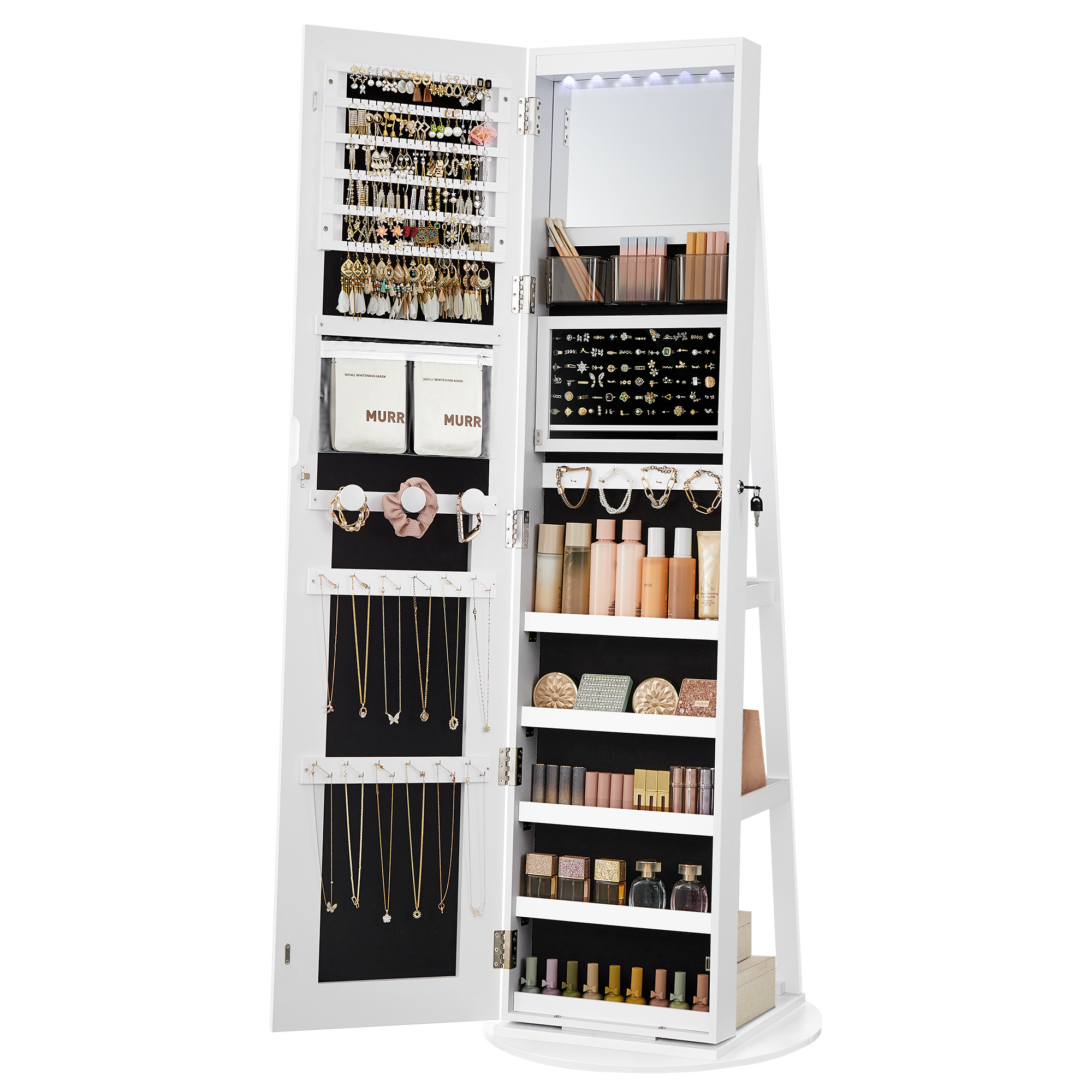 SONGMICS 360 Degree Rotatable Jewelry Armoire with Storage Shelves Jewelry Cabinet with Full Length LED Mirror