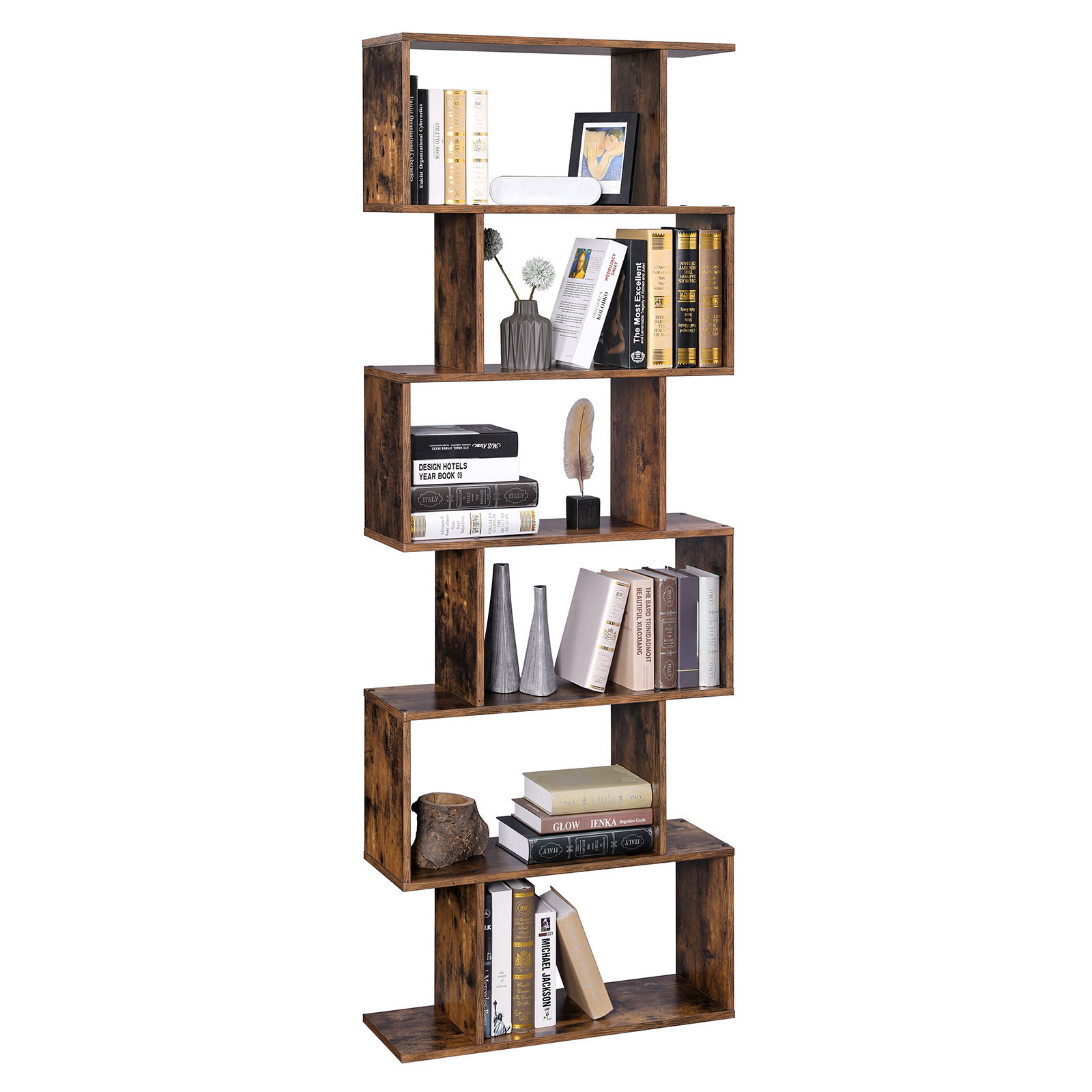 5VASAGLE Cube Display Shelf and Room Divider, Freestanding Decorative Storage Shelving, 6-Tier Bookshelf, Rustic Wooden Bookcase