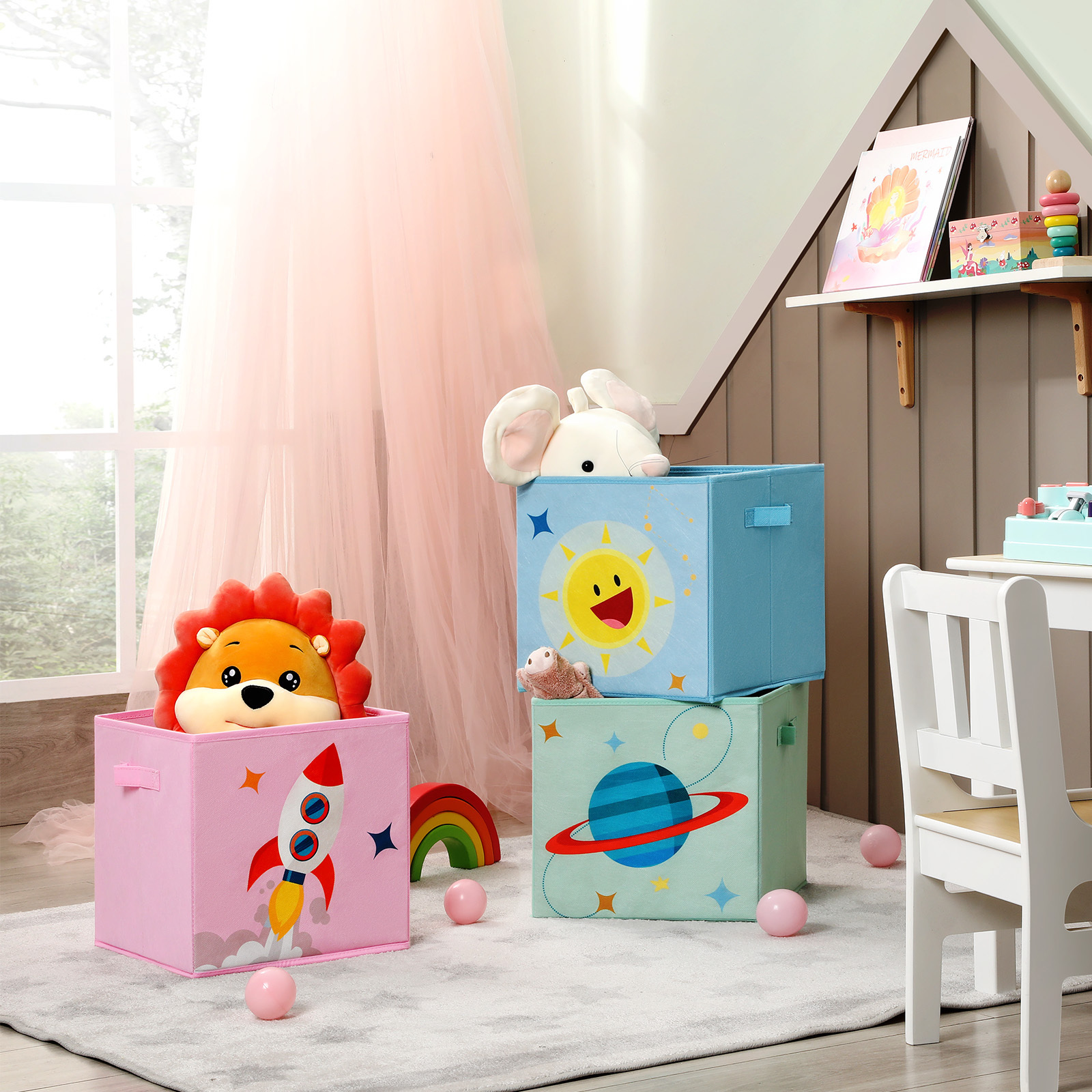 SONGMICS Cute Kids Toy Organizer baby Folding Storage Box Collapsible Fabric toys organizer storage with Animal Embroidery