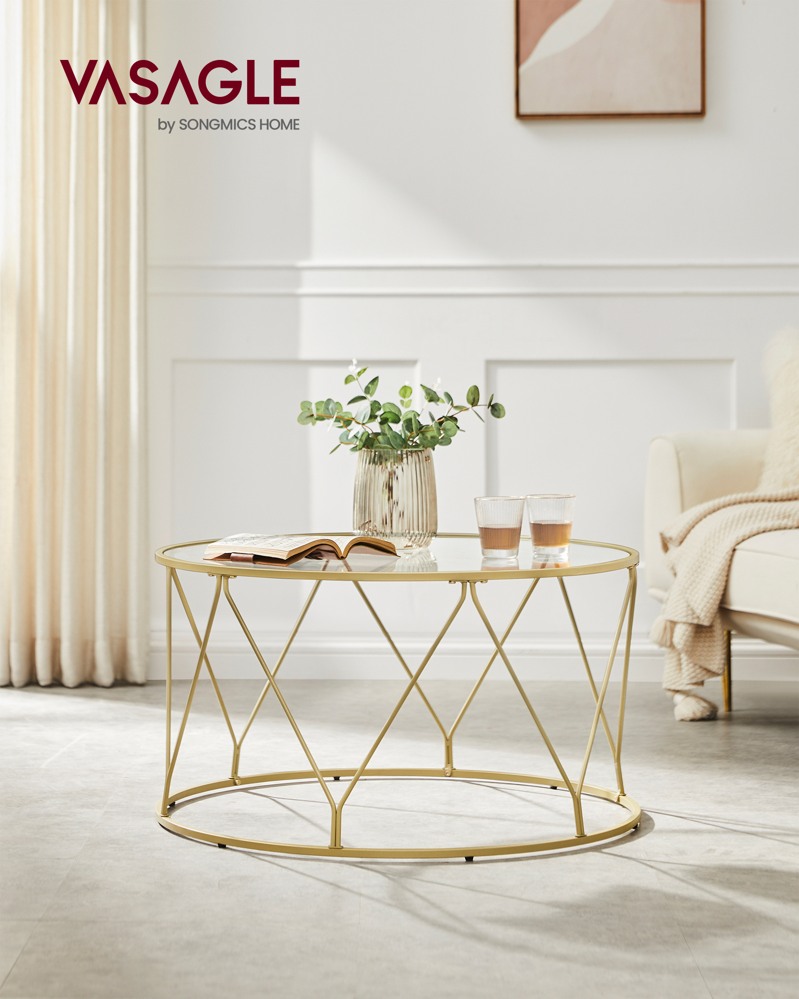 VASAGLE luxury living room tables Tempered Glass Top round Coffee Table with gold metal leg