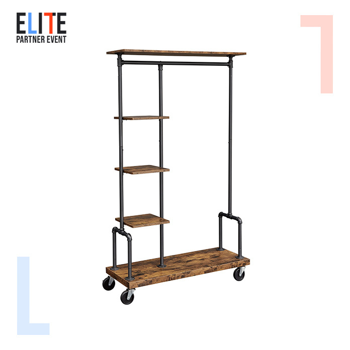 VASAGLE Garment Rack on Wheels Industrial Pipe Style Clothes Rack with 5-Tier storage shelf