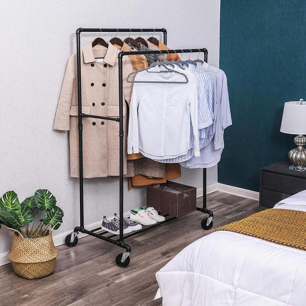 Industrial Pipe steel  furniture Clothes Rack display on Wheels Maximum load of 110 Kg Double Hanging Rail clothes drying rack