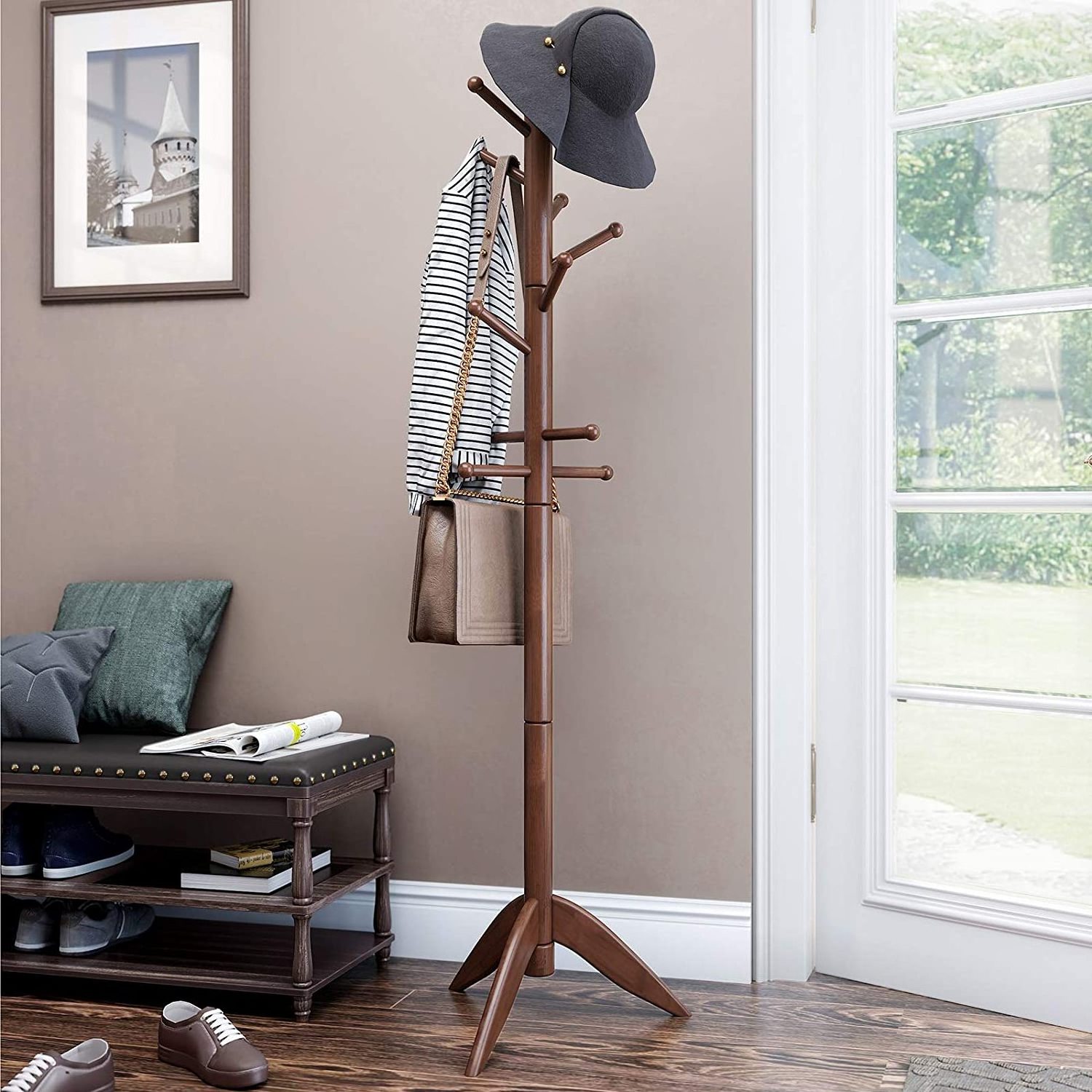 VASAGLE Wooden Hall Tree Coat Rack Free Standing with 11 Rounded Hooks,  Entryway Hats Purses Coat Stand Hanger Holder