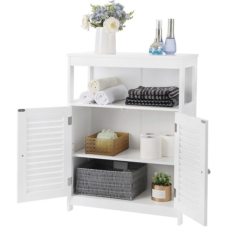 VASAGLE White Wooden Bathroom  Floor Storage Organizer Rack Cupboard Free Standing Bathroom Cabinet with Shutter Door