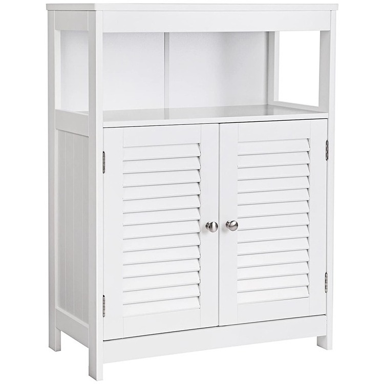 VASAGLE White Wooden Bathroom  Floor Storage Organizer Rack Cupboard Free Standing Bathroom Cabinet with Shutter Door