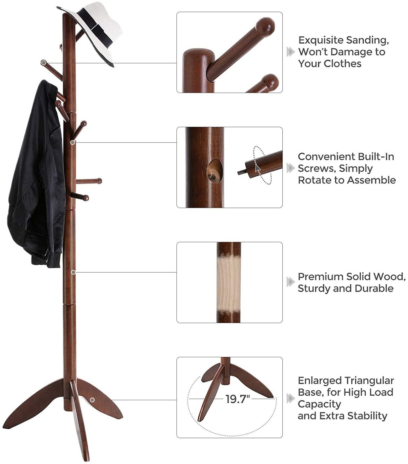 VASAGLE Wooden Hall Tree Coat Rack Free Standing with 11 Rounded Hooks,  Entryway Hats Purses Coat Stand Hanger Holder