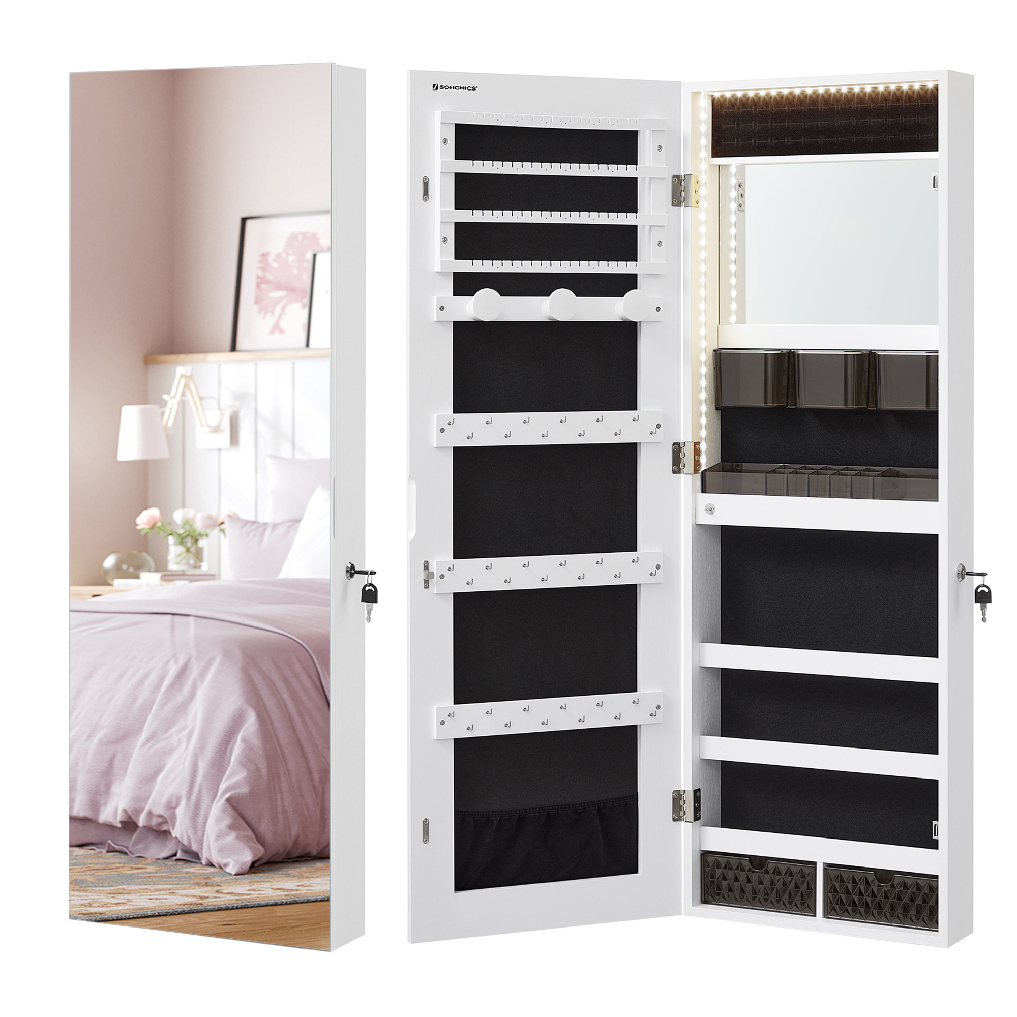 SONGMICS Multifunctional Jewelry Armoire Cabinet White Lockable Wall-Mounted Jewelry Cabinet with full-length mirror