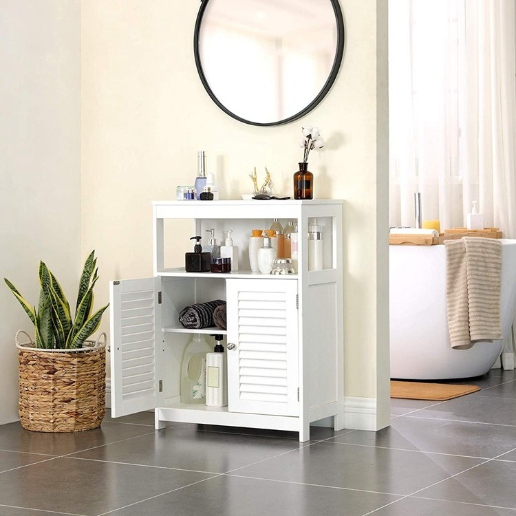 VASAGLE White Wooden Bathroom  Floor Storage Organizer Rack Cupboard Free Standing Bathroom Cabinet with Shutter Door