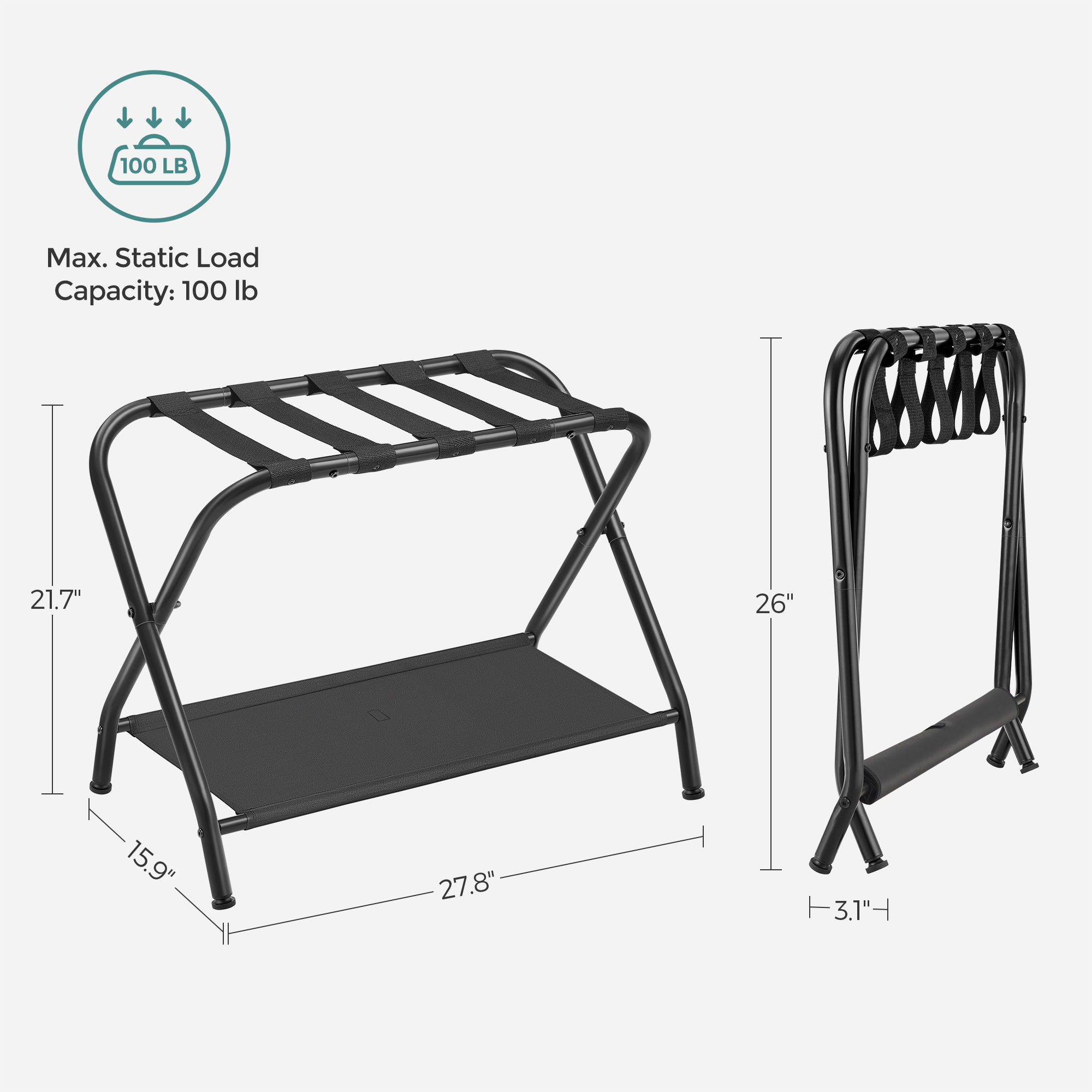 SONGMICS Foldable Baggage Holder for Bedroom/hotel double storage modern design portable steel foldable luggage rack with shelf