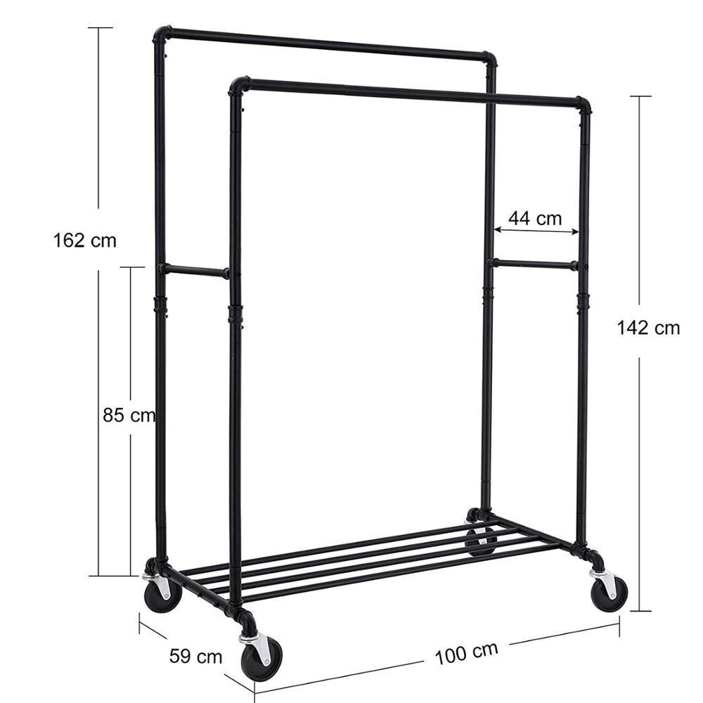 Industrial Pipe steel  furniture Clothes Rack display on Wheels Maximum load of 110 Kg Double Hanging Rail clothes drying rack