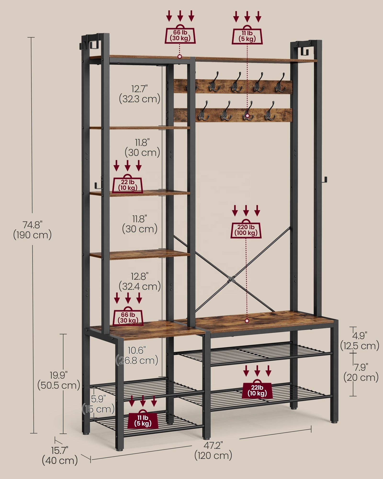 VASAGLE Metal Wooden Hall Tree with Shoe Bench Entryway Industrial 3 in 1 Design Coat Rack With Storage Rack