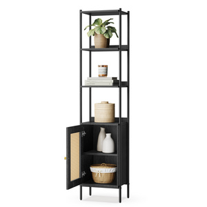 VASAGLE 6-Tier Bookcase Freestanding Wood Book Shelf Storage Shelf with Metal Frame Slim Bookshelf with Rattan-Like Door