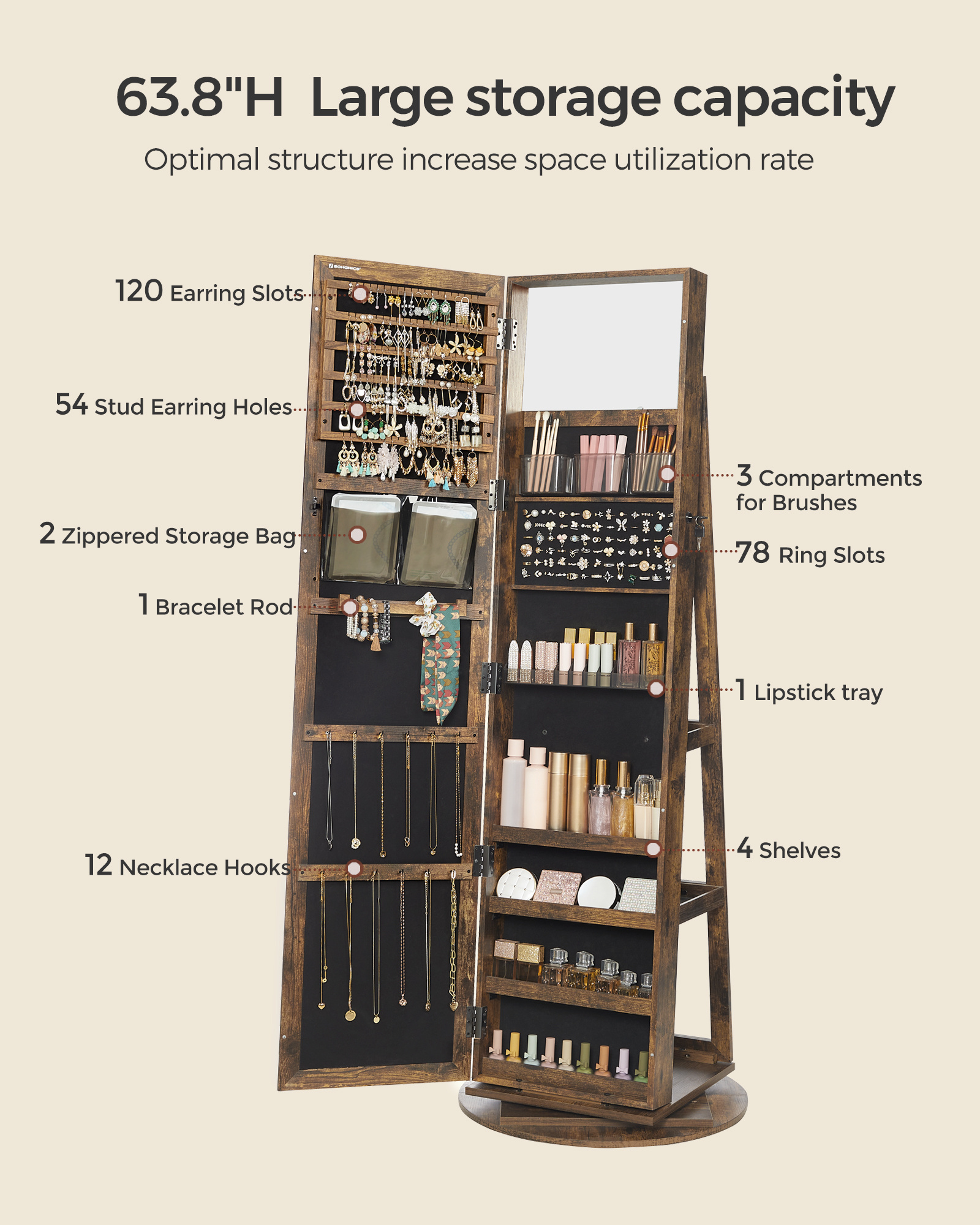 SONGMICS Large Storage Capacity Jewelry Cabinet With Storage Shelves Jewelry Armoire with 360 Degree Rotatable Mirror