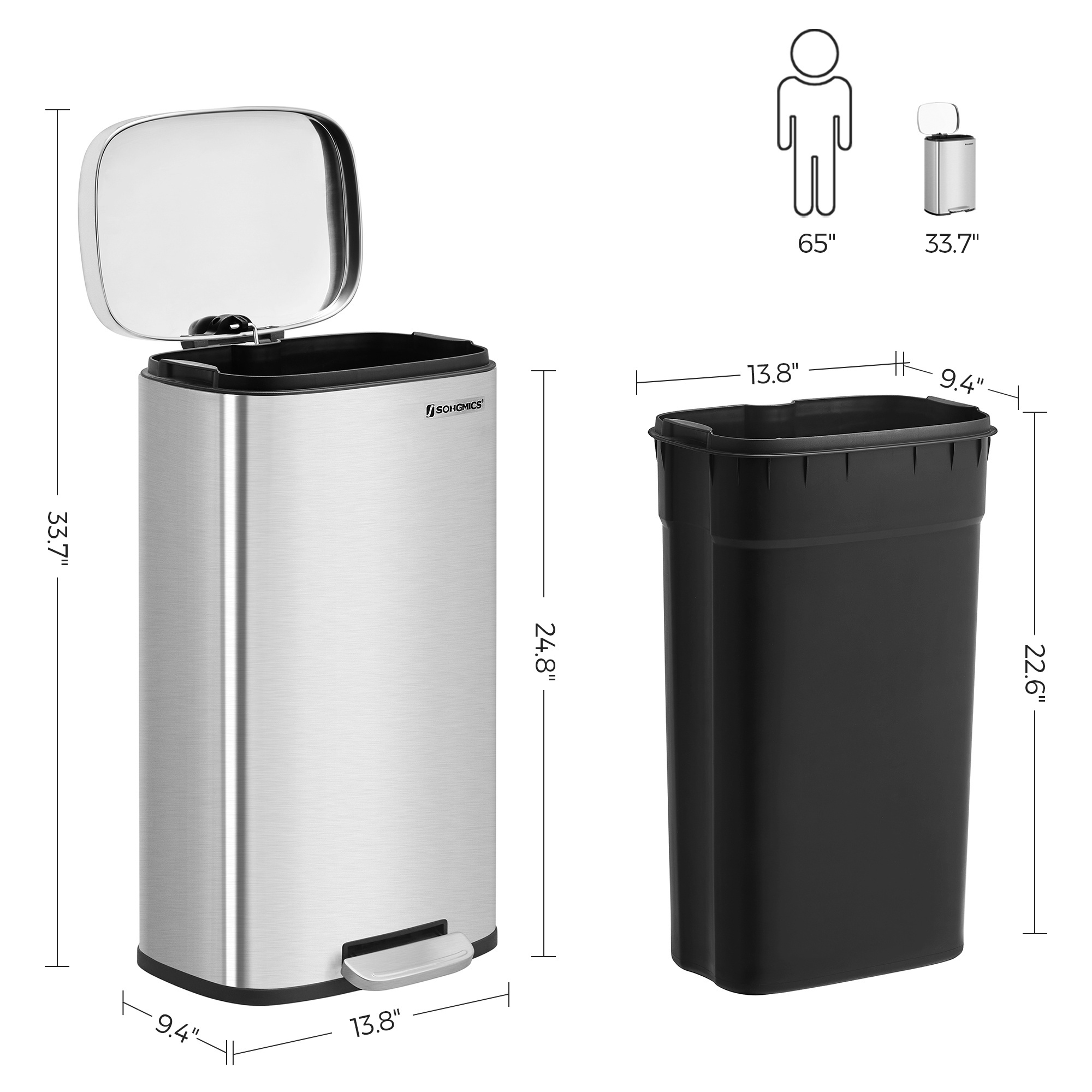 SONGMICS Wholesale home Kitchen Stainless Steel Nordic Trash Can hotel bathroom Metal Waste Bin 30L Pedal Bin Recycling Bins