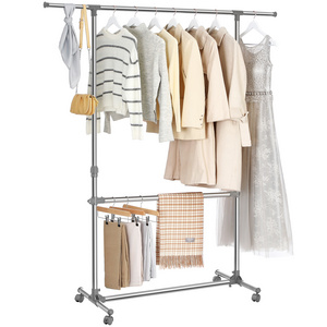 SONGMICS Adjustable Single pole Clothes Dryer Rack on wheels Multifunctional Metal Steel Portable coat Clothes Drying Rack