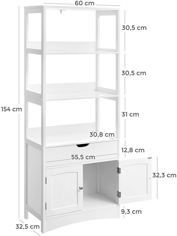 VASAGLE Bathroom  Kitchen Study Room Tall Storage Cabinet Free Standing Bookshelf with 3 Open Shelves