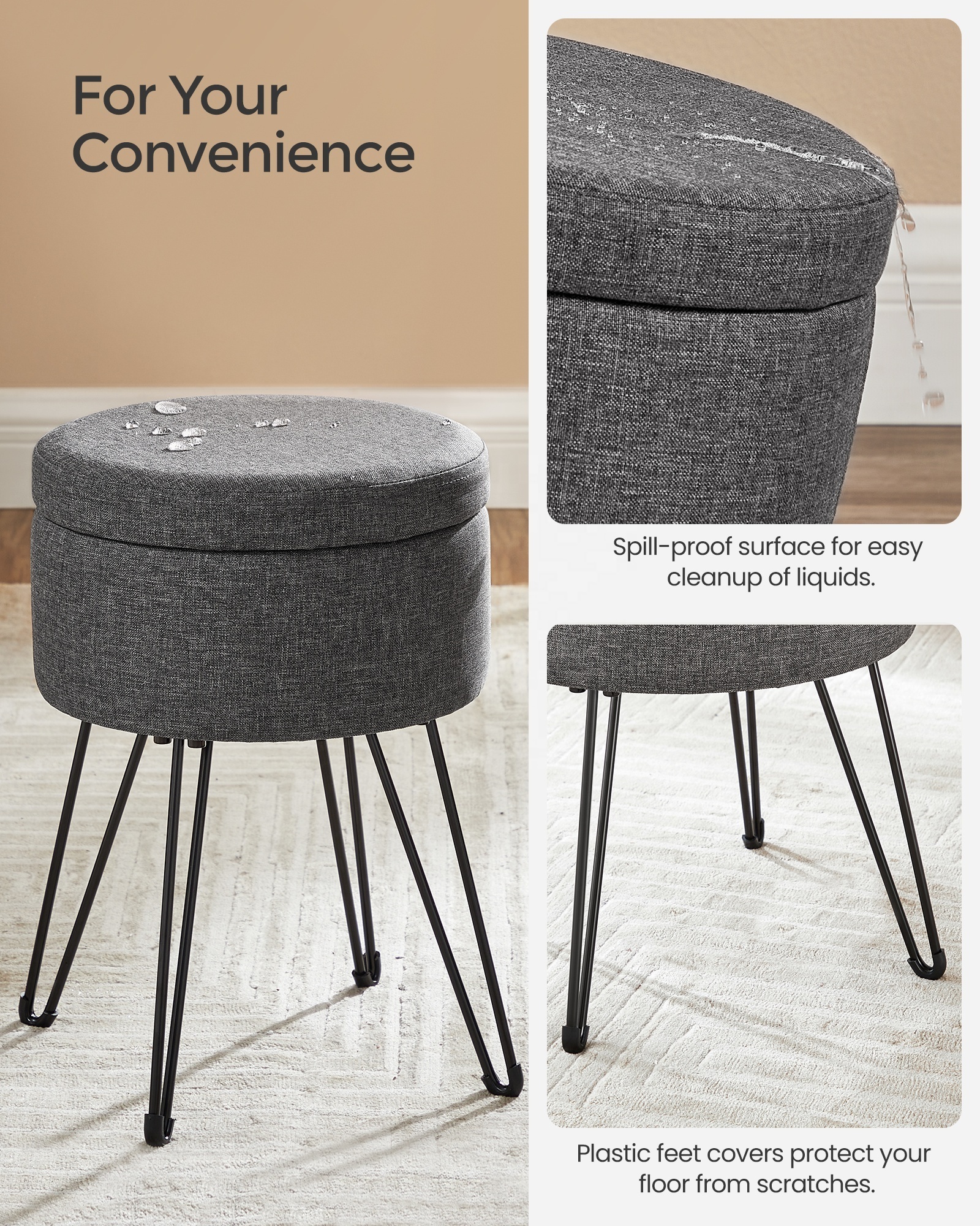 SONGMICS Multifunctional Vanity Stool Chair Round Ottoman Footrest with Metal Legs Small Ottoman Stool with Storage