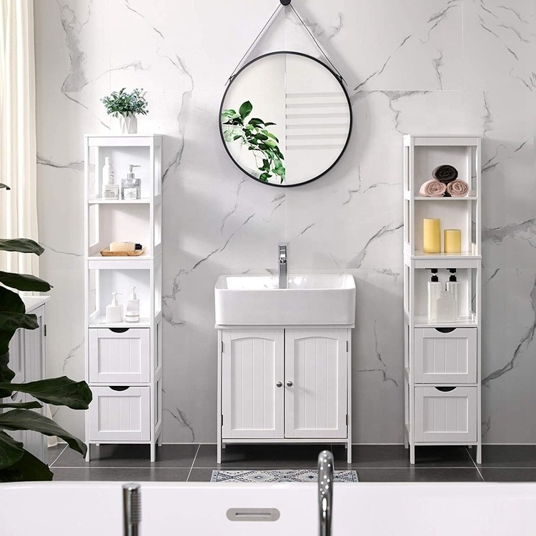 VASAGLE Bathroom Floor Freestanding White Narrow Thin Toilet Vanity Bathroom Storage Corner Floor Cabinet with Doors and Shelves