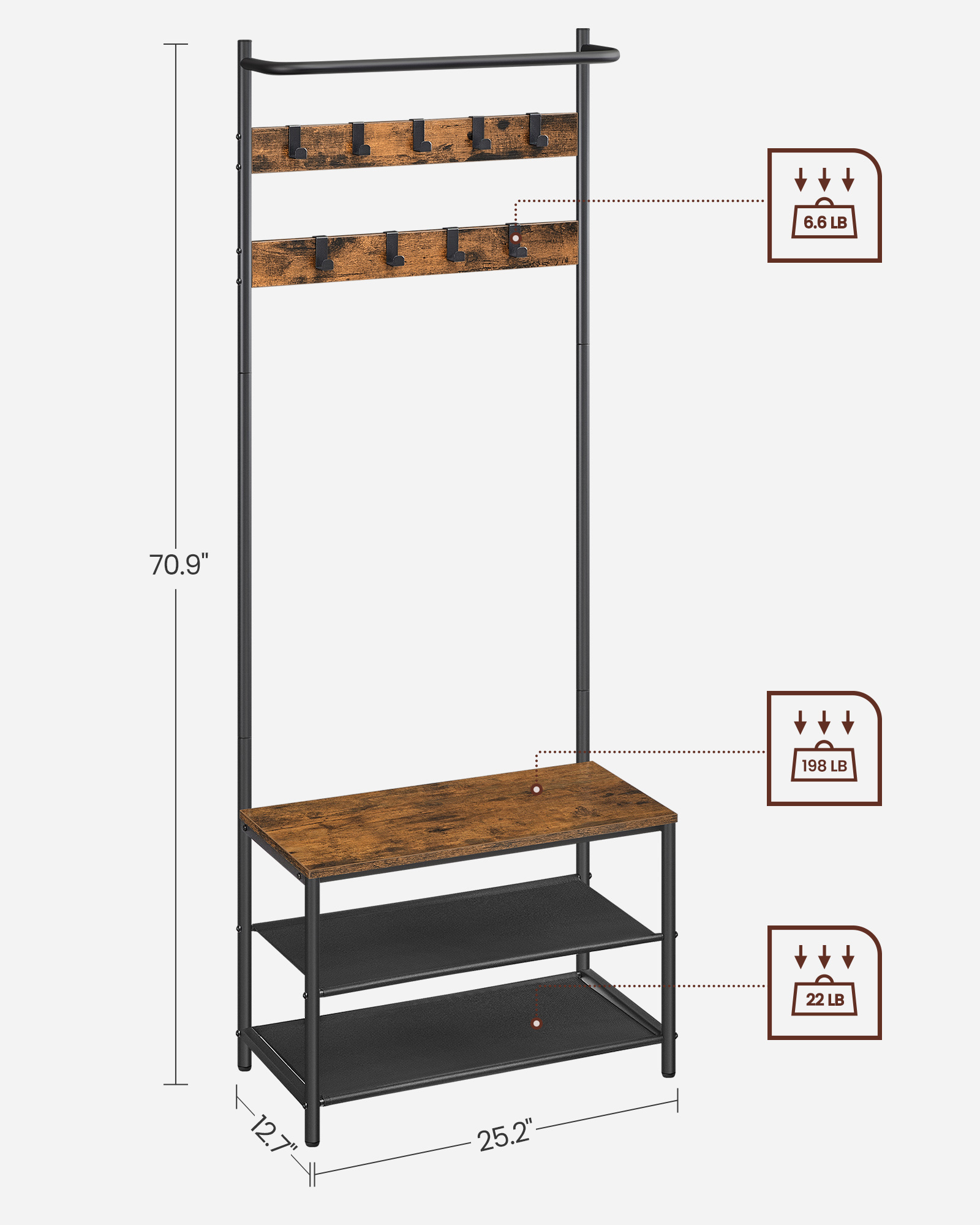 VASAGLE  Clothes Rack with 9 Removable Hooks Wooden Metal Coat Rack with Seat Coat Stand with shoe rack