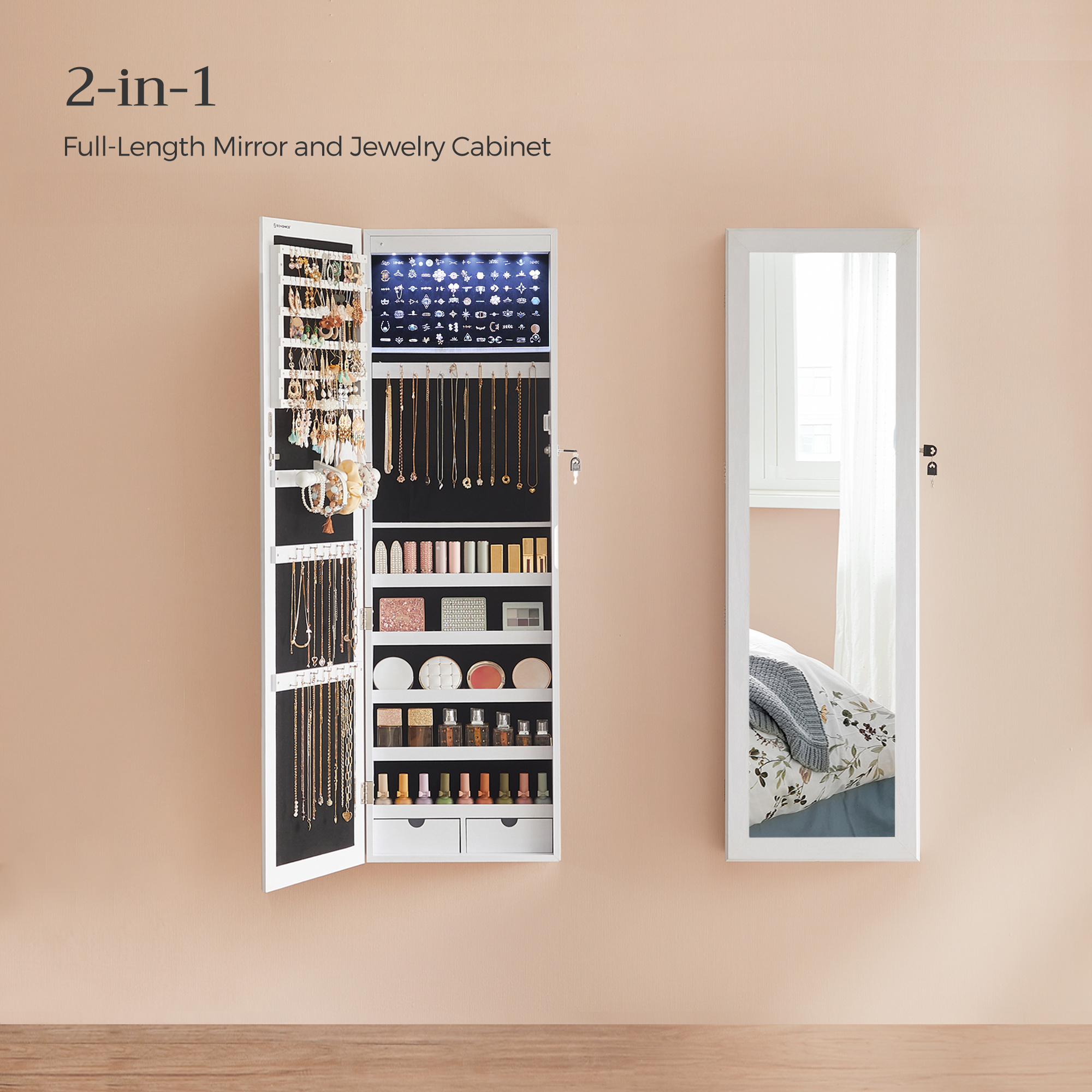 SONGMICS 6 LED Jewelry Armoire Organizer With Full Length Mirror Wall Mounted wood Jewelry Cabinets with lock