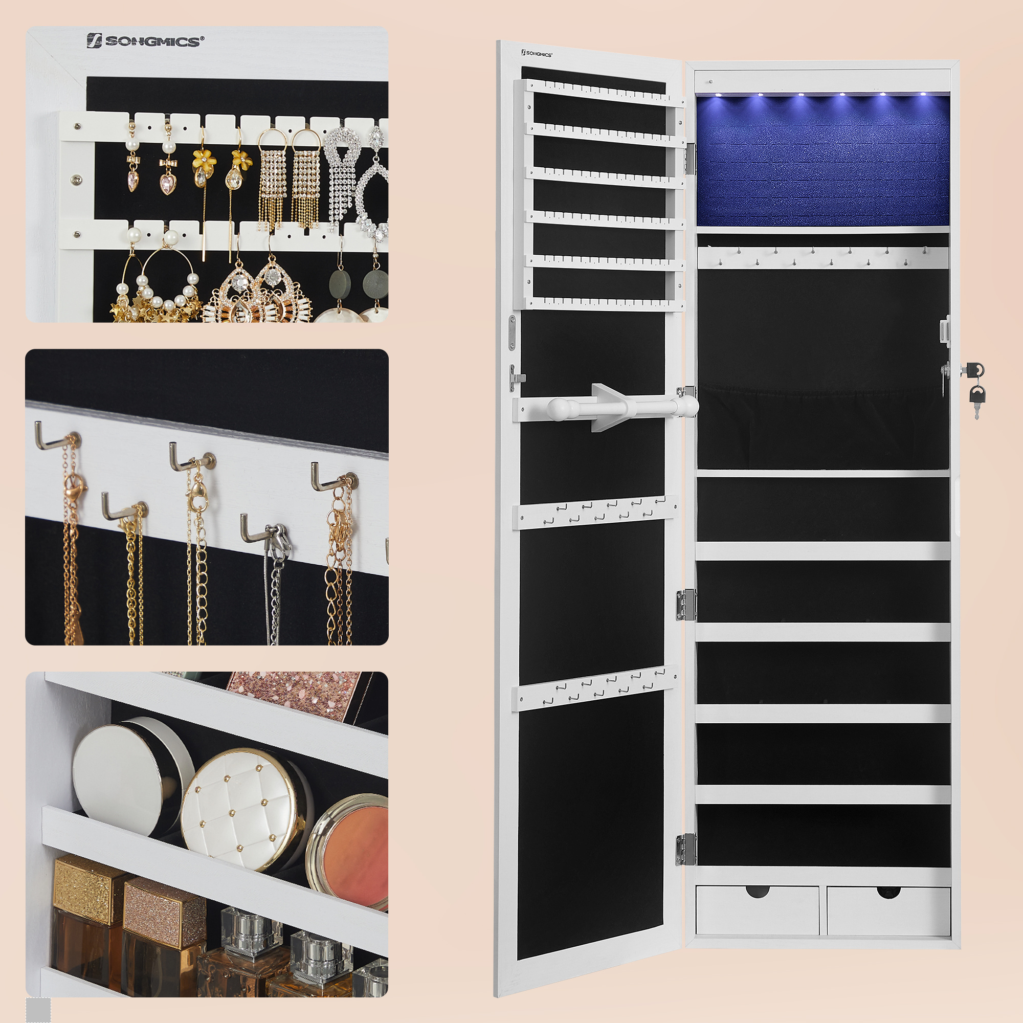 SONGMICS 6 LED Jewelry Armoire Organizer With Full Length Mirror Wall Mounted wood Jewelry Cabinets with lock