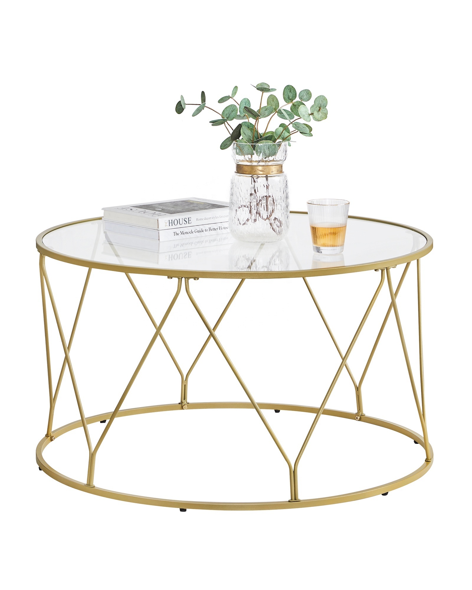 VASAGLE luxury living room tables Tempered Glass Top round Coffee Table with gold metal leg