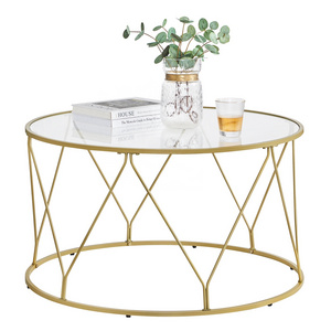 VASAGLE luxury living room tables Tempered Glass Top round Coffee Table with gold metal leg