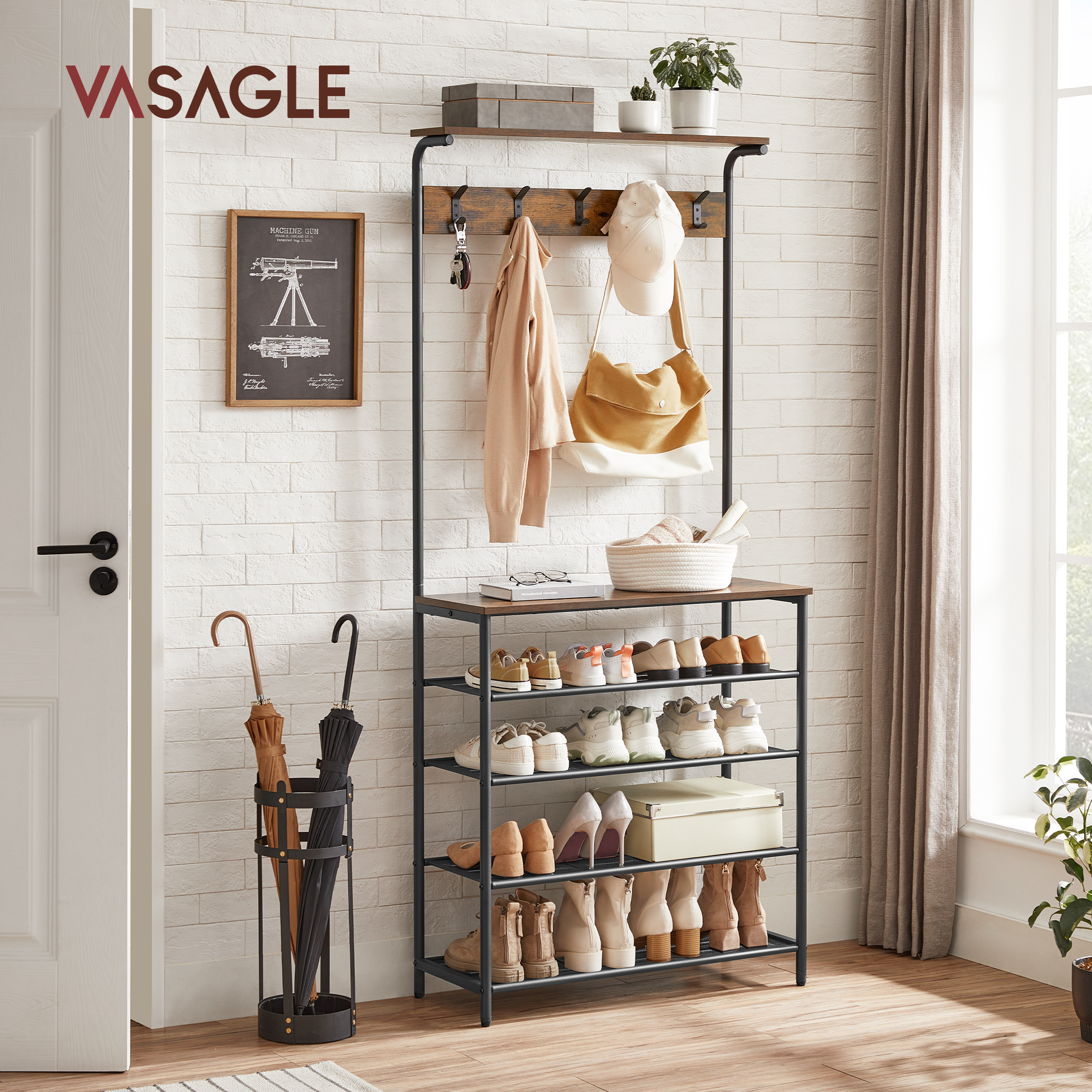 VASAGLE Coat Stand with 5 Removable Hooks 4 in 1 Multi-function Hall Tree with Slant Adjustable Shoe Storage rack