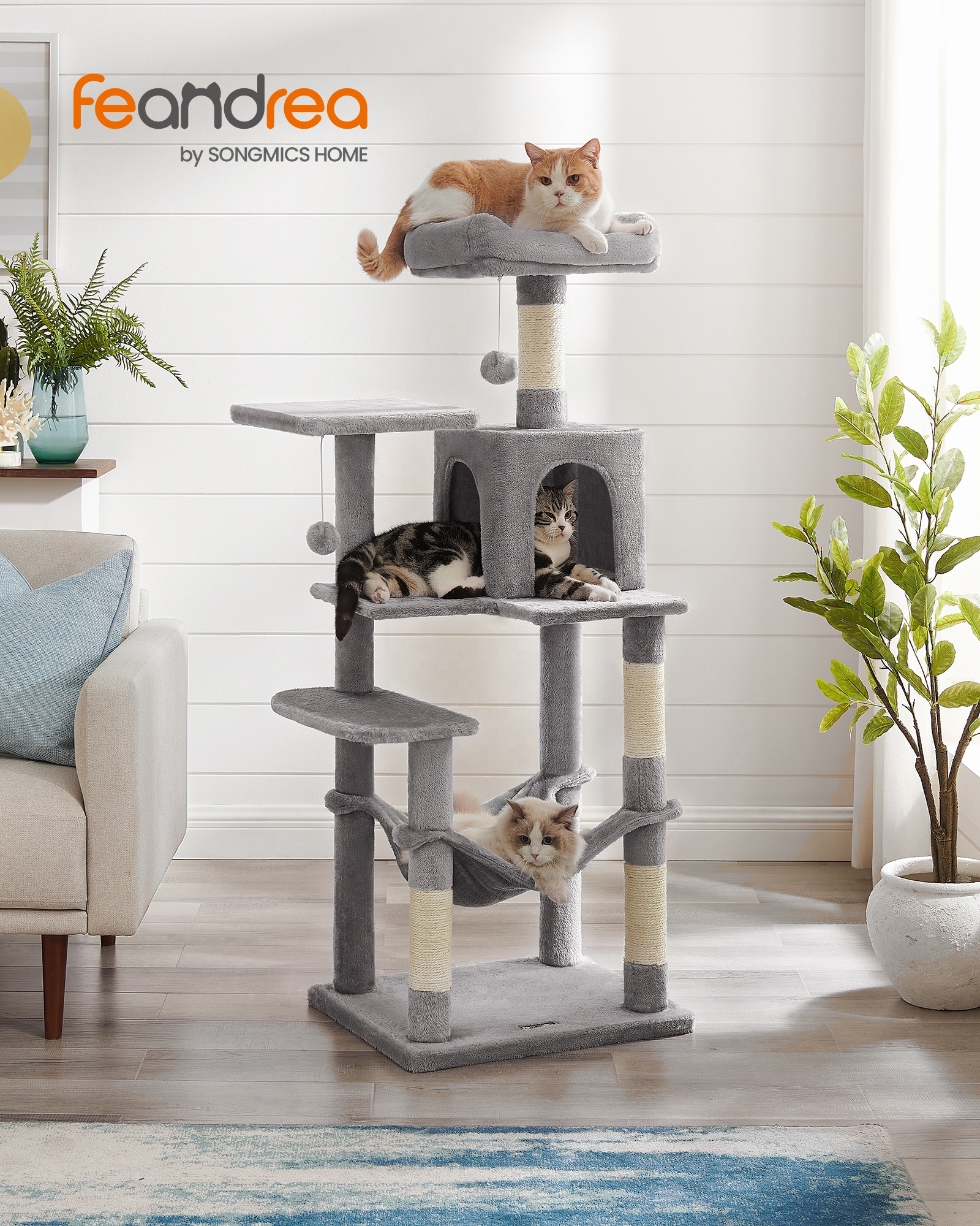 Feandrea Multi-Level Plush Cat Condo with 4 Scratching Posts 143 cm Cat Tower  Activity Centre Climbing cat Tree