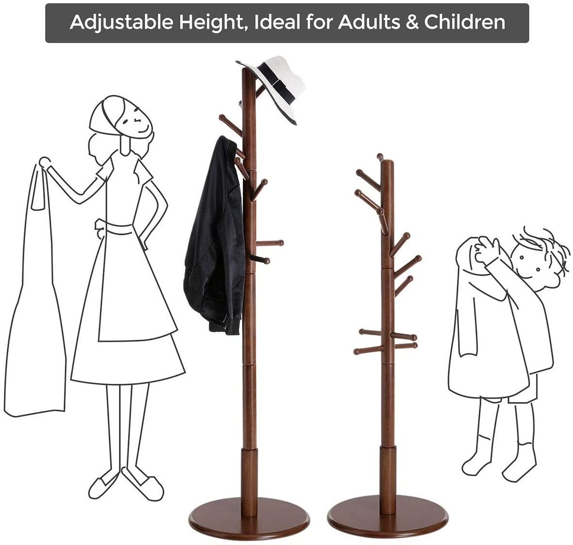 VASAGLE Solid Rubber Round Base wood Pole Dark Walnut Free Standing Coat Tree Coat Rack for Clothes, Hats, Bags