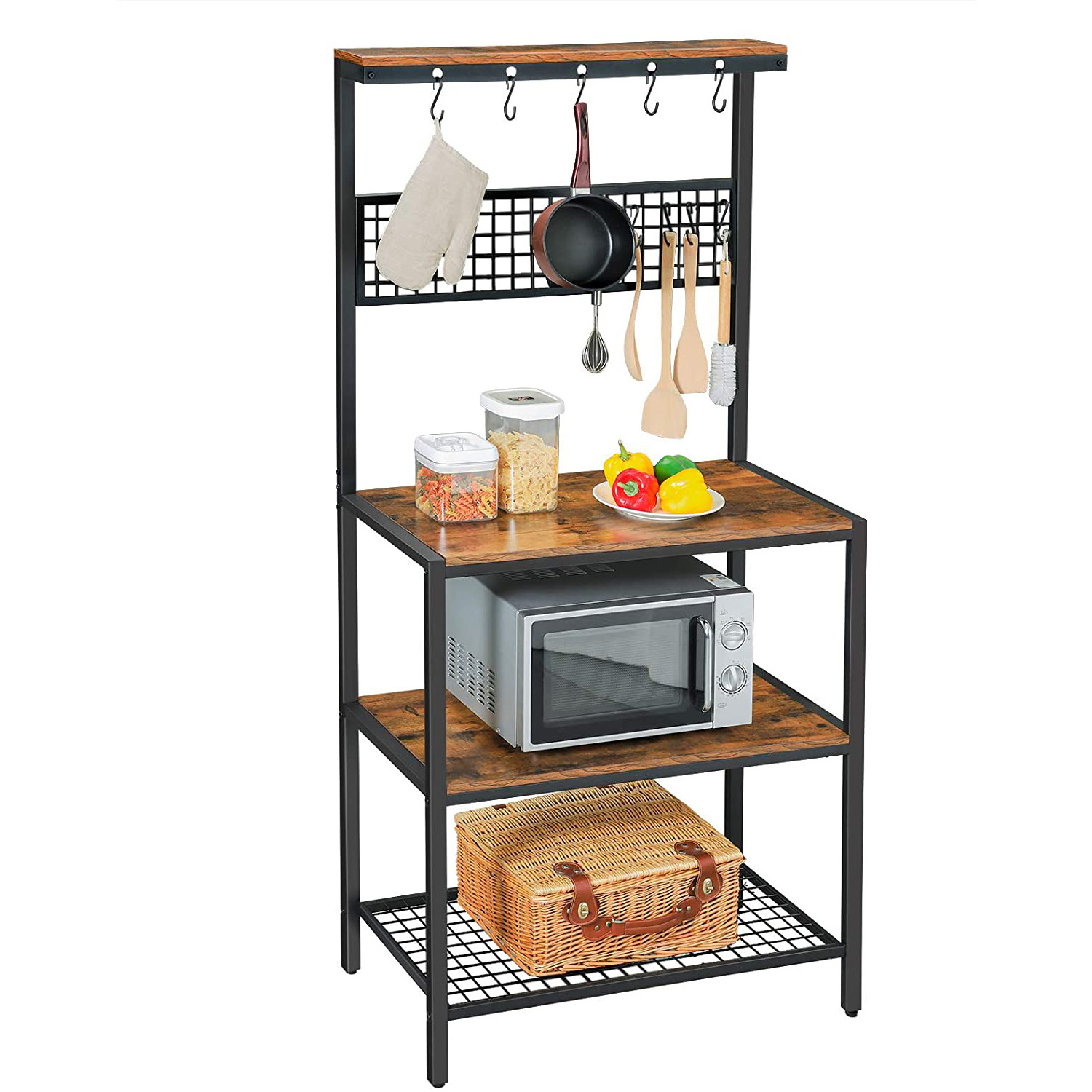 VASAGLE Industrial Rustic Brown Kitchen Bakers Rack Cupboard shelf for Microwave Oven with 10 Hooks 3 Shelves Adjustable Feet