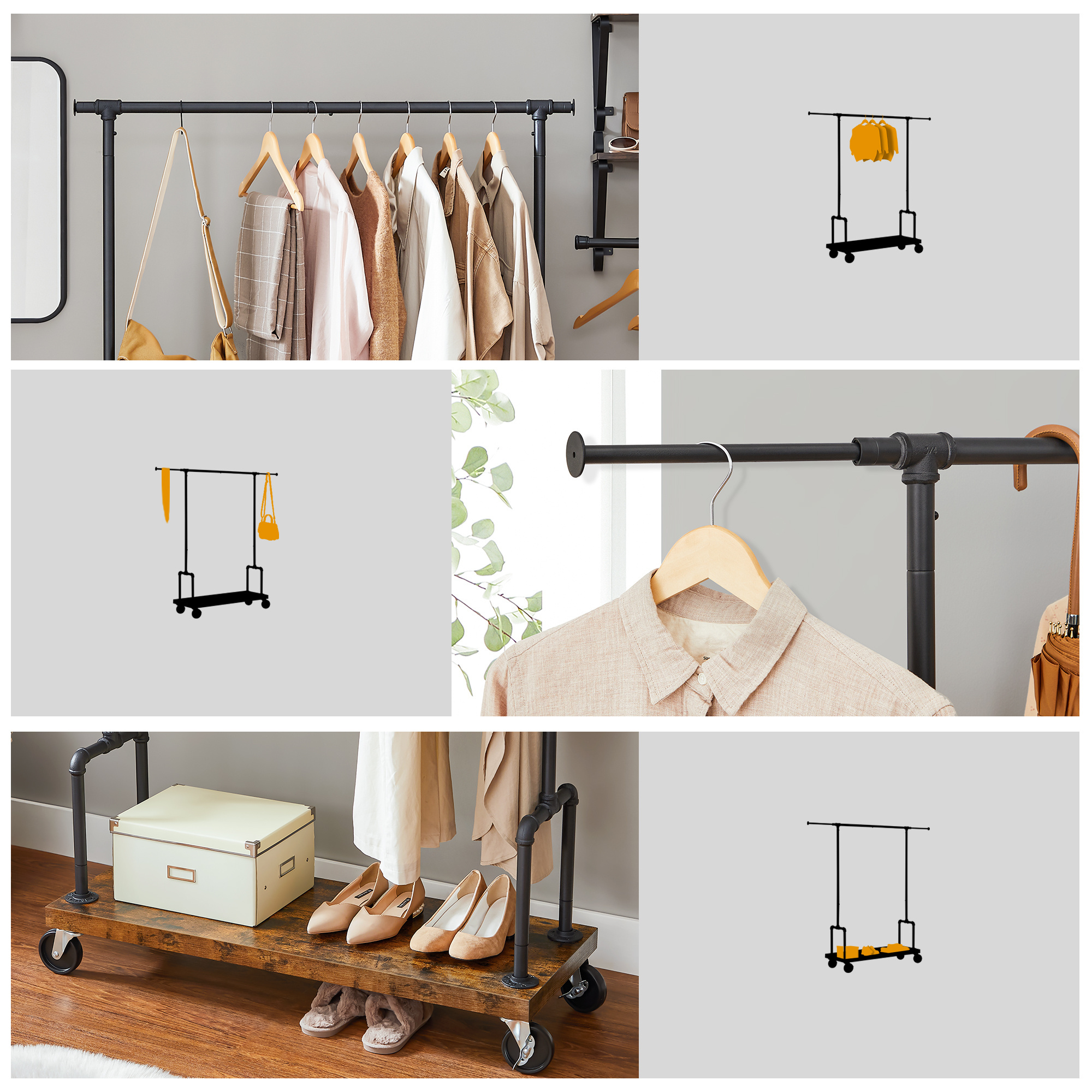 VASAGLE Garment Rack for Hanging Clothes with Wheels Detachable Pole Adjustable Clothes Hanger Stand Clothes Drying Rack