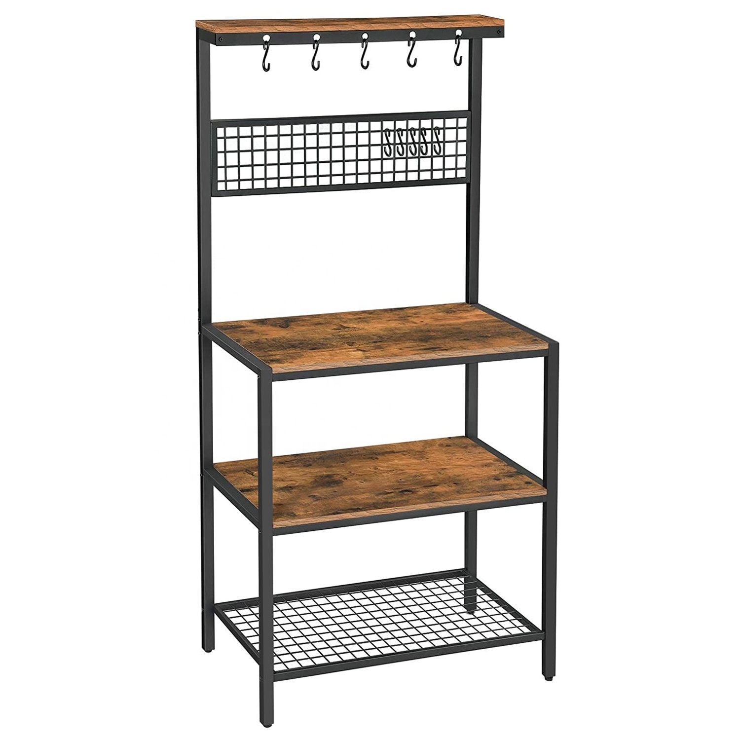 VASAGLE Industrial Rustic Brown Kitchen Bakers Rack Cupboard shelf for Microwave Oven with 10 Hooks 3 Shelves Adjustable Feet