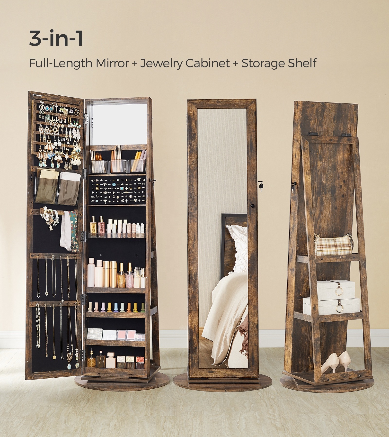 SONGMICS Large Storage Capacity Jewelry Cabinet With Storage Shelves Jewelry Armoire with 360 Degree Rotatable Mirror