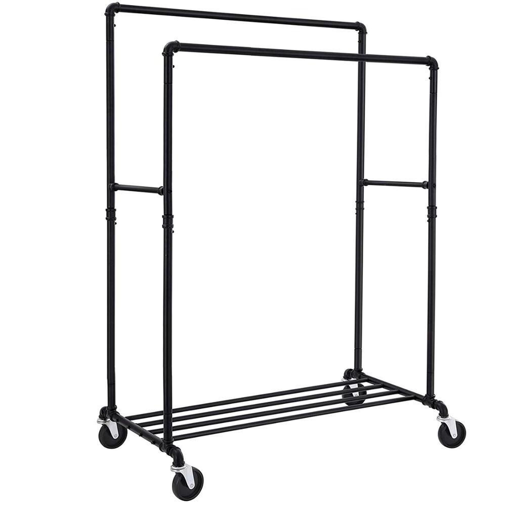 Industrial Pipe steel  furniture Clothes Rack display on Wheels Maximum load of 110 Kg Double Hanging Rail clothes drying rack