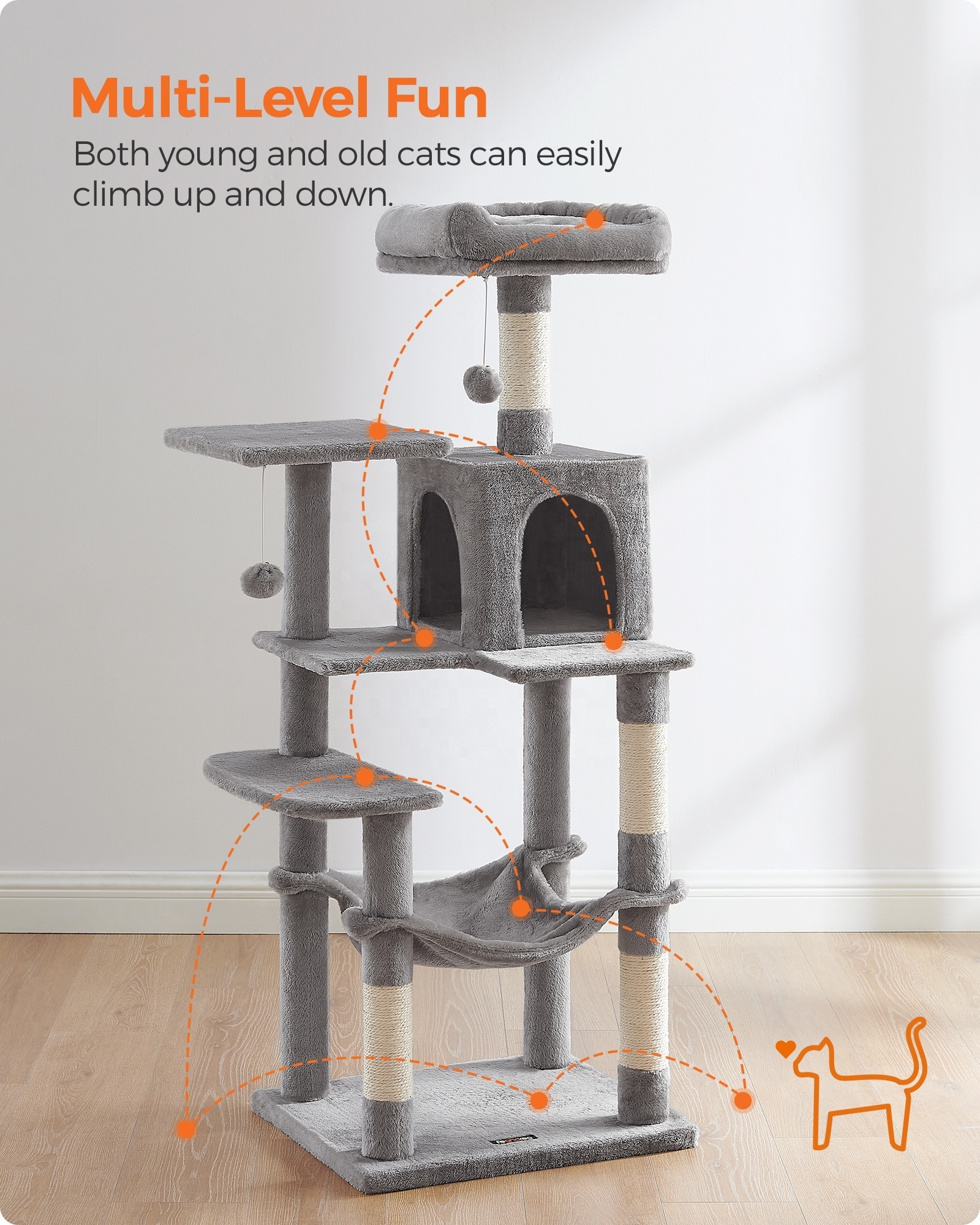 Feandrea Multi-Level Plush Cat Condo with 4 Scratching Posts 143 cm Cat Tower  Activity Centre Climbing cat Tree