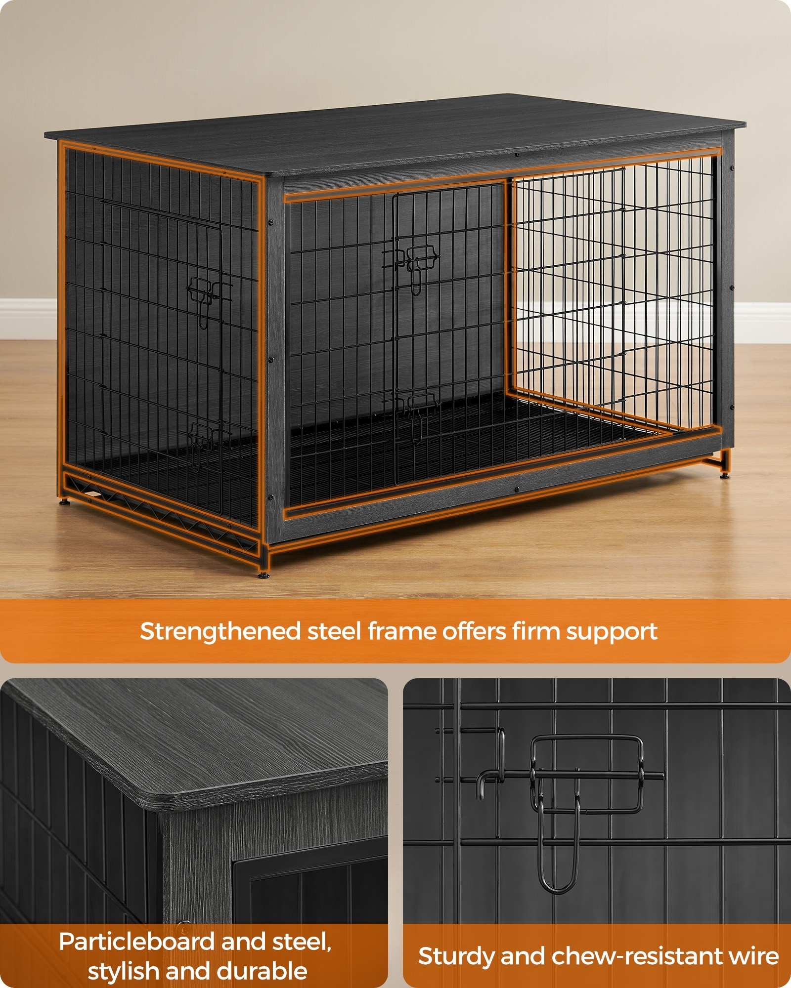 Feandrea High Quality Customizable Dog Cages Crates for Large Dog Wholesale Dog Kennel with Wood Top and Metal Doors