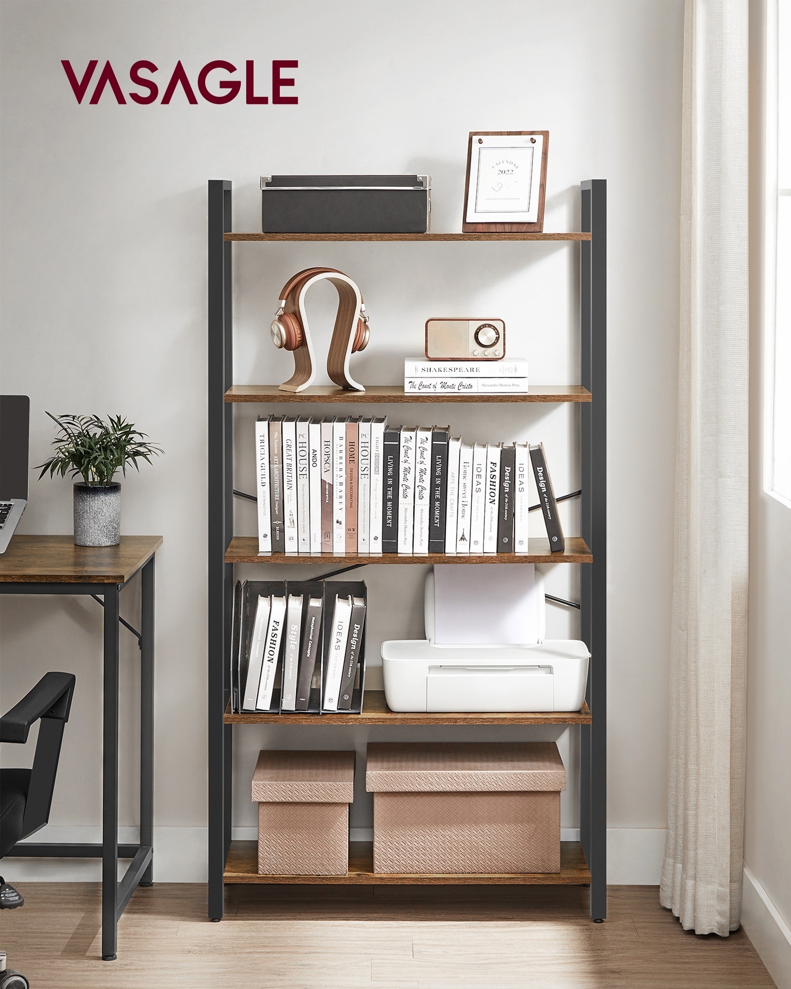 VASAGLE  Bookcase with Steel Structure for Living Room Study Hallway Industrial Style 5 Tier Shelving Unit