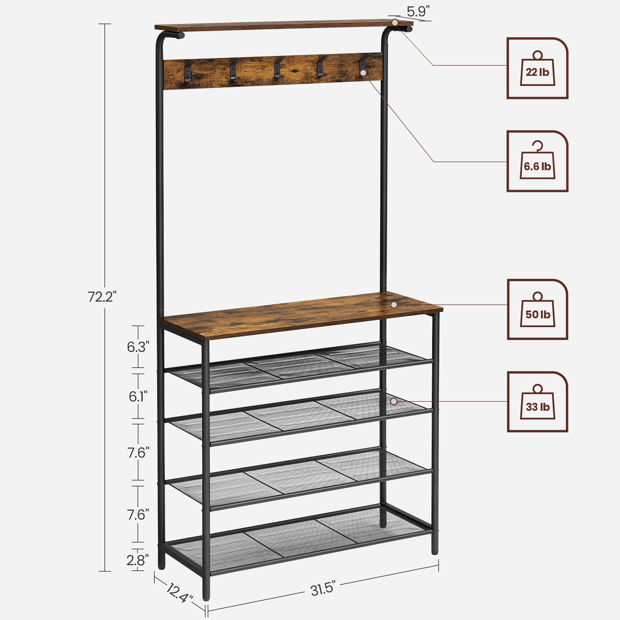 VASAGLE Coat Stand with 5 Removable Hooks 4 in 1 Multi-function Hall Tree with Slant Adjustable Shoe Storage rack