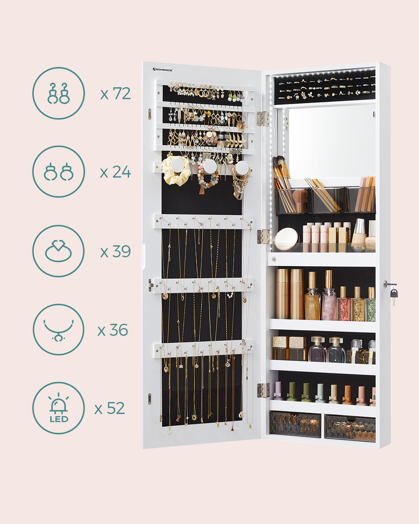 SONGMICS Multifunctional Jewelry Armoire Cabinet White Lockable Wall-Mounted Jewelry Cabinet with full-length mirror