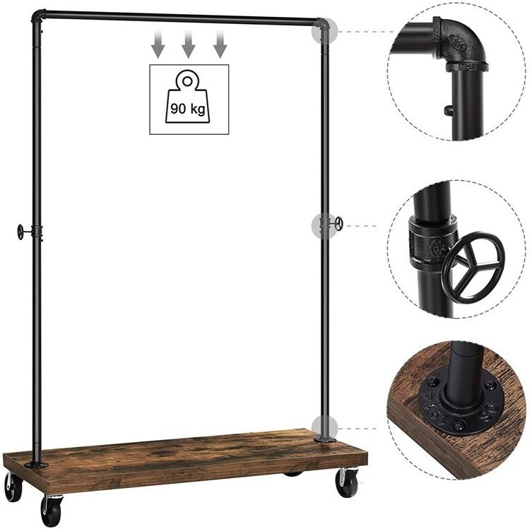 SONGMICS Laundry Room Retail Store Black Top RailClothes Rack Industrial Pipe Rolling Garment Rack with Lockable Wheels