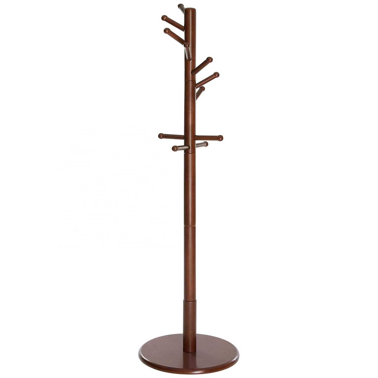 VASAGLE Solid Rubber Round Base wood Pole Dark Walnut Free Standing Coat Tree Coat Rack for Clothes, Hats, Bags